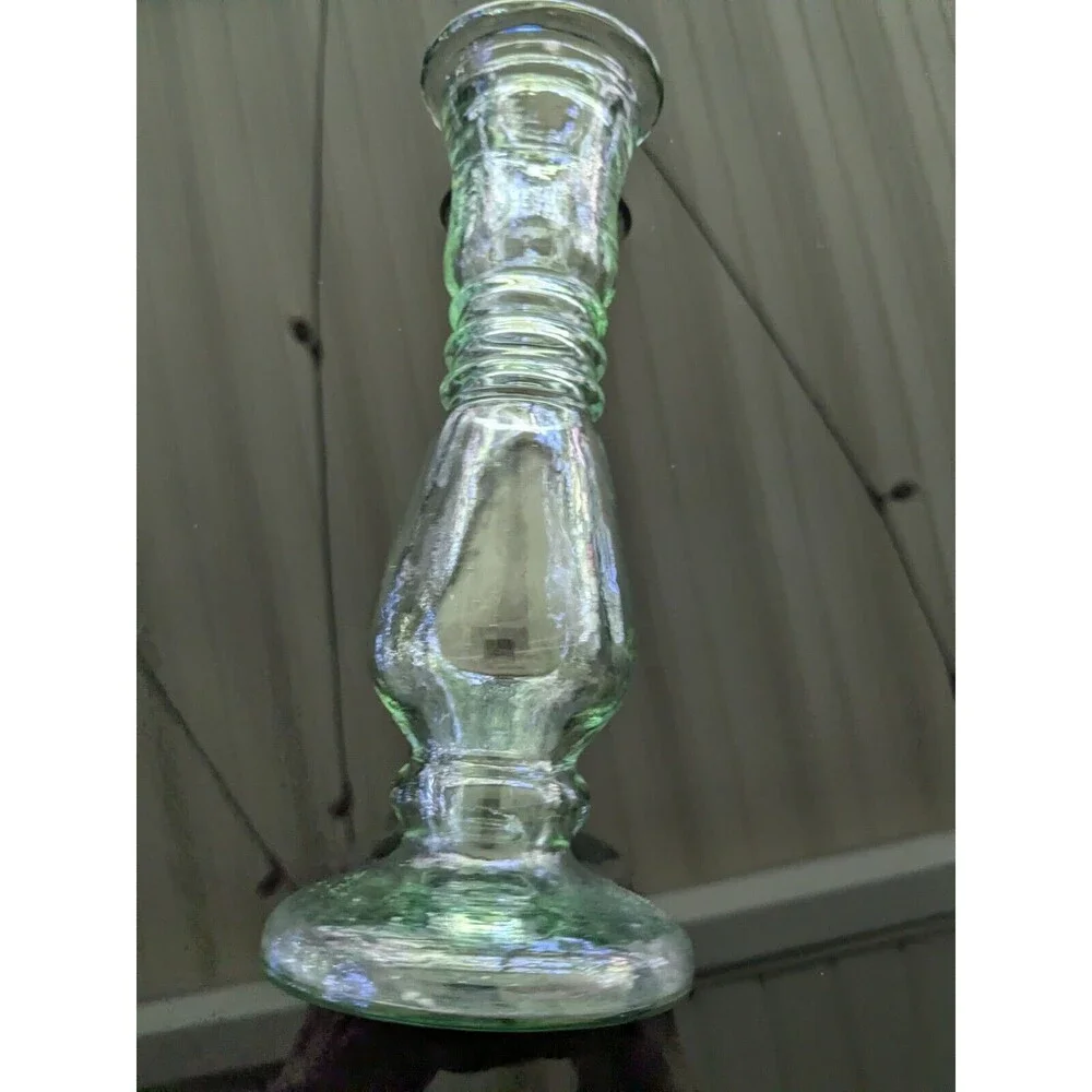 Antique Look Glass Candlestick/Bud Vase Green Tinted Thick 8